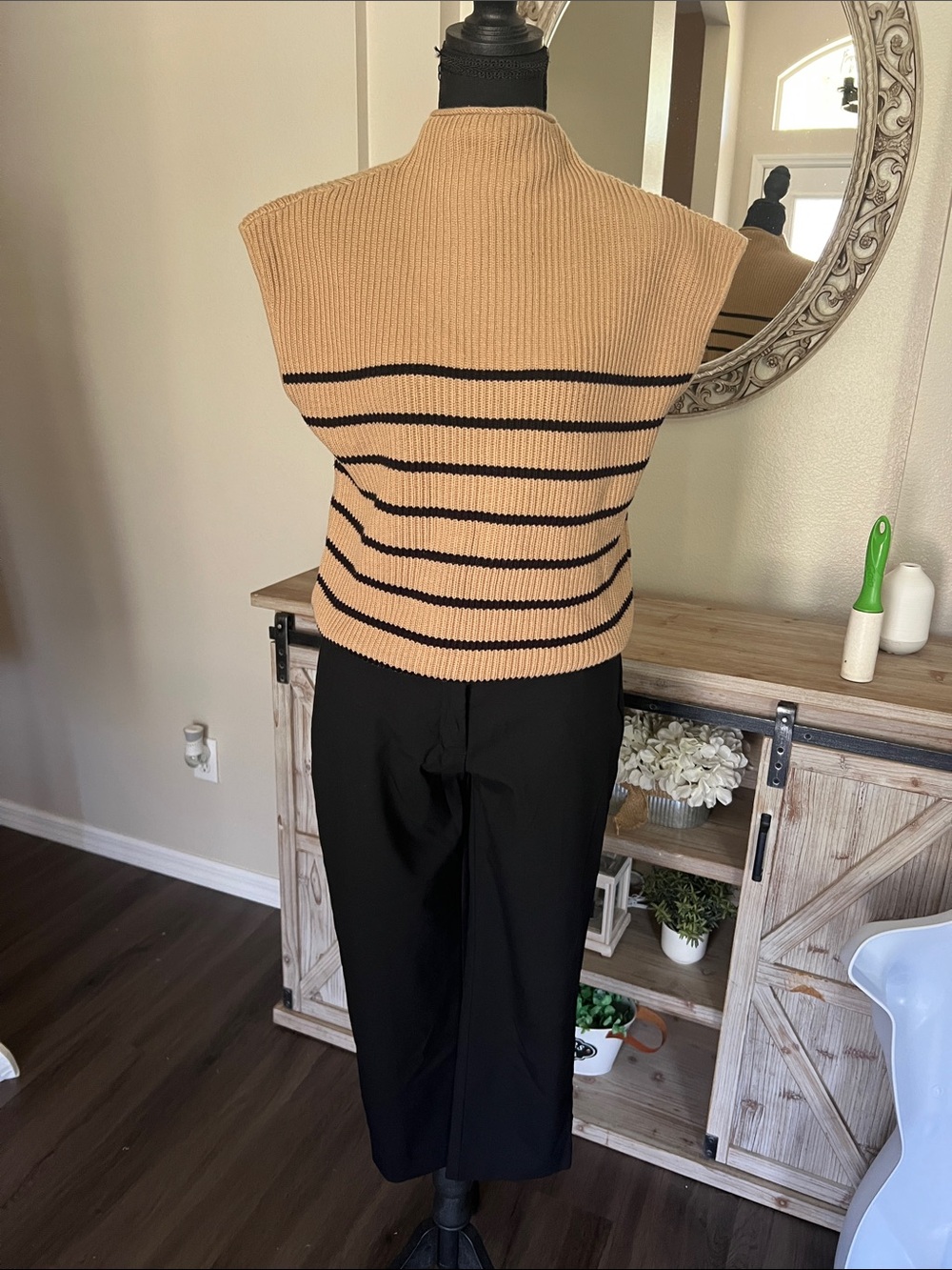 Sleeveless Tan Ribbed Sweater with Black Stripes & express capris